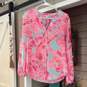 Lilly Pulitzer Pink and Mint Printed V-Neck Blouse